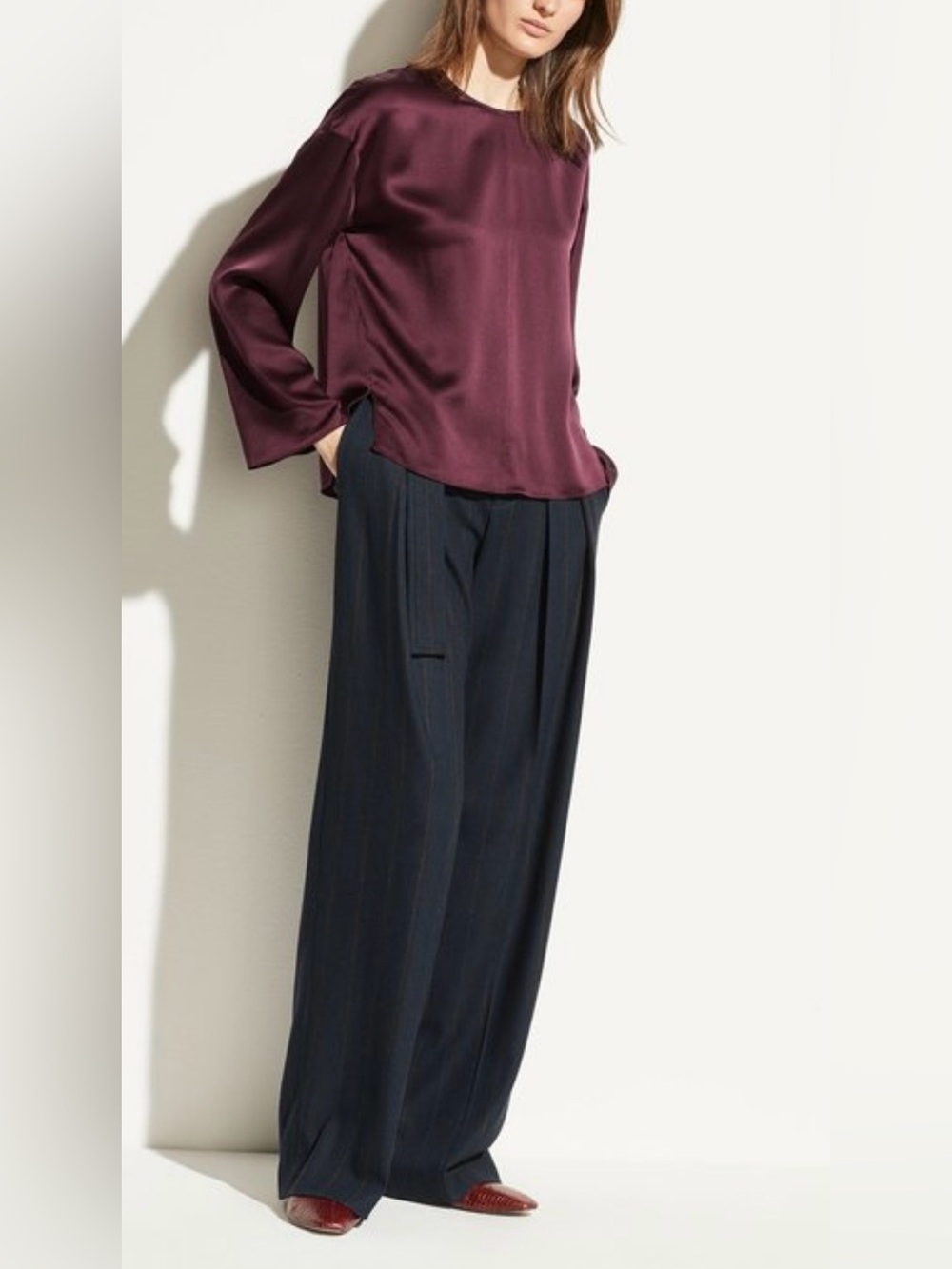 Vince Satin Seamed Front Blouse 
Dahlia Wine 100% Silk Size: L